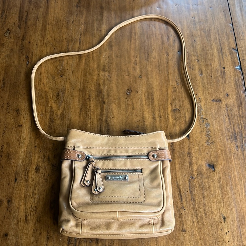 Tignanello Camel Tan Crossbody Soft Leather Bag With Zip Pockets.
